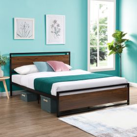 Industrial Platform Full Bed Frame/Mattress Foundation with Rustic Headboard and Footboard, Strong Steel Slat Support, No Box Spring Needed