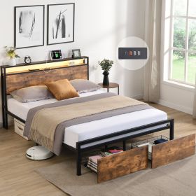 Queen Size Bed Frame with Storage Headboard and 2 Drawers, LED Lights Bed with Charging Station, Metal Platform Bed No Noise