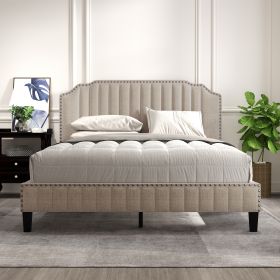 Modern Linen Curved Upholstered Platform Bed , Solid Wood Frame , Nailhead Trim, Beige (Queen)