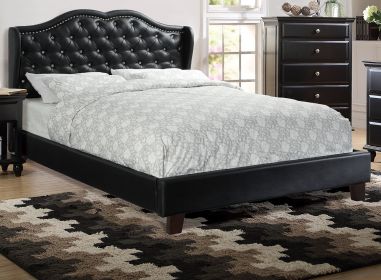 Queen Size Bed 1pc Bed Set Black Faux Leather Upholstered Wingback Design Bed Frame Headboard Bedroom Furniture Tufted Upholstered