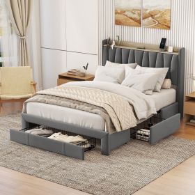 Queen Size Bed Frame with Storage Headboard and Charging Station, Upholstered Platform Bed with 3 Drawers, No Box Spring Needed, Dark Gray