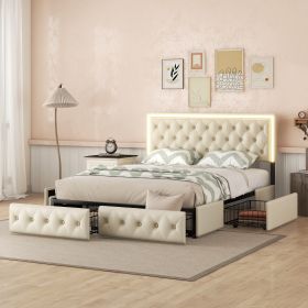 Queen Upholstered Bed Frame with 4 Storage Drawers, PU Leather Platform Bed with LED Headboard, No Box Spring Needed, Beige