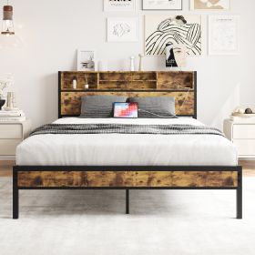 Queen Bed Frame with Storage Headboard, Metal Platform Bed with Charging Station, Bookcase Storage, No Box Spring Needed, Easy Assembly, Noise-Free