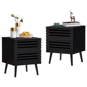 Black Nightstand Set of 2, Wood End Tables with 2 Storage Hollowed-Out Drawers, Bedroom Bedside Table Storage Side Table for Bedroom Living Room (2