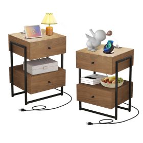 Nightstands Set of 2 with Charging Station, End Table with Storage Drawer, Retro Bedside Tables w/USB Ports and Outlets