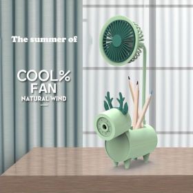 Cute Cartoon USB Fans With Pen Holder Pencil Sharpener, Rechargeable Fan For Children Business Gift (Color: Green)