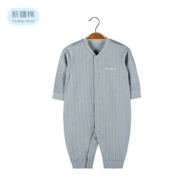 Baby Solid Color Pit Strip Fabric Single Breasted Design Cotton Jumpsuit Pajamas (Size/Age: 90 (12-24M), Color: Blue)