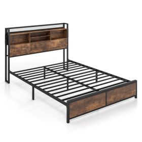 Full/Queen Size Bed Frame with 3-Tier Bookcase Headboard and Charging Station (size: Queen Size)