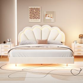 Queen Upholstered Smart LED Bed Frame with Elegant Flowers Headboard,Floating Velvet Platform LED Bed with Wooden Slats Support (Color: beige)