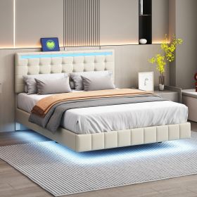 Queen Size Floating Bed Frame with LED Lights and USB Charging,Modern Upholstered Platform LED Bed Frame (Color: beige)