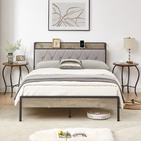 Bed frame with charging station full size, Grey, 83.1'' L x 56.1'' W x 39.2'' H. (Color: Grey)