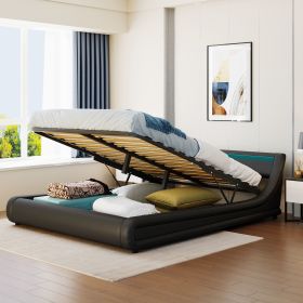 Upholstered Faux Leather Platform bed with a Hydraulic Storage System with LED Light Headboard Bed Frame with Slatted Queen Size (Color: pic)