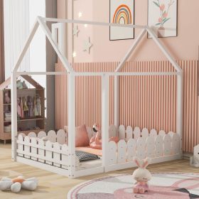 (Slats are not included) Full Size Wood Bed House Bed Frame with Fence;  for Kids;  Teens;  Girls;  Boys (Color: White)