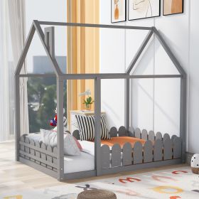 (Slats are not included) Full Size Wood Bed House Bed Frame with Fence;  for Kids;  Teens;  Girls;  Boys (Color: Gray)