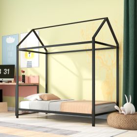 House Bed Frame Twin Size ;  Kids Bed Frame Metal Platform Bed Floor Bed for Kids Boys Girls No Box Spring Needed (Color: Black)