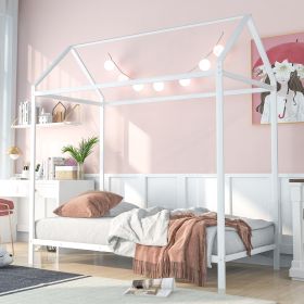 House Bed Frame Twin Size ;  Kids Bed Frame Metal Platform Bed Floor Bed for Kids Boys Girls No Box Spring Needed (Color: White)