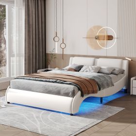 Queen Size Upholstered Faux Leather Platform Bed with LED Light Bed Frame with Slatted (Color: White)