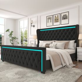 King Platform Bed Frame With High headboard, Velvet Upholstered Bed with Deep Tufted Buttons, Adjustable Colorful LED Light Decorative Headboard (Color: as Pic)