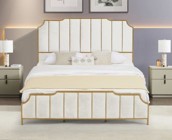 King Size Bed Frame,Upholstered Platform Bed & High headboard with Wood Slat Support,No Box Spring Needed,Easy Assembly, Velvet White (Color: as Pic)