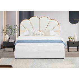 Queen Size Bed Frame with Drawer, Upholstered Smart Platform Bed with 4-Drawers Strong Wood Slats Support, No Box Spring Needed, Teddy Fleece, White (Color: White, Material: Iron)