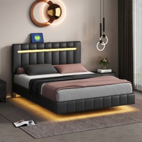 Queen Size Floating Bed Frame with LED Lights and USB Charging,Modern Upholstered Platform LED Bed Frame,Black (Color: as Pic)