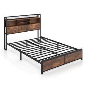 Full/Queen Size Bed Frame with 3-Tier Bookcase Headboard and Charging Station (size: Full Size)