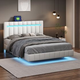 Queen Size Floating Bed Frame with LED Lights and USB Charging,Modern Upholstered Platform LED Bed Frame (Color: White)